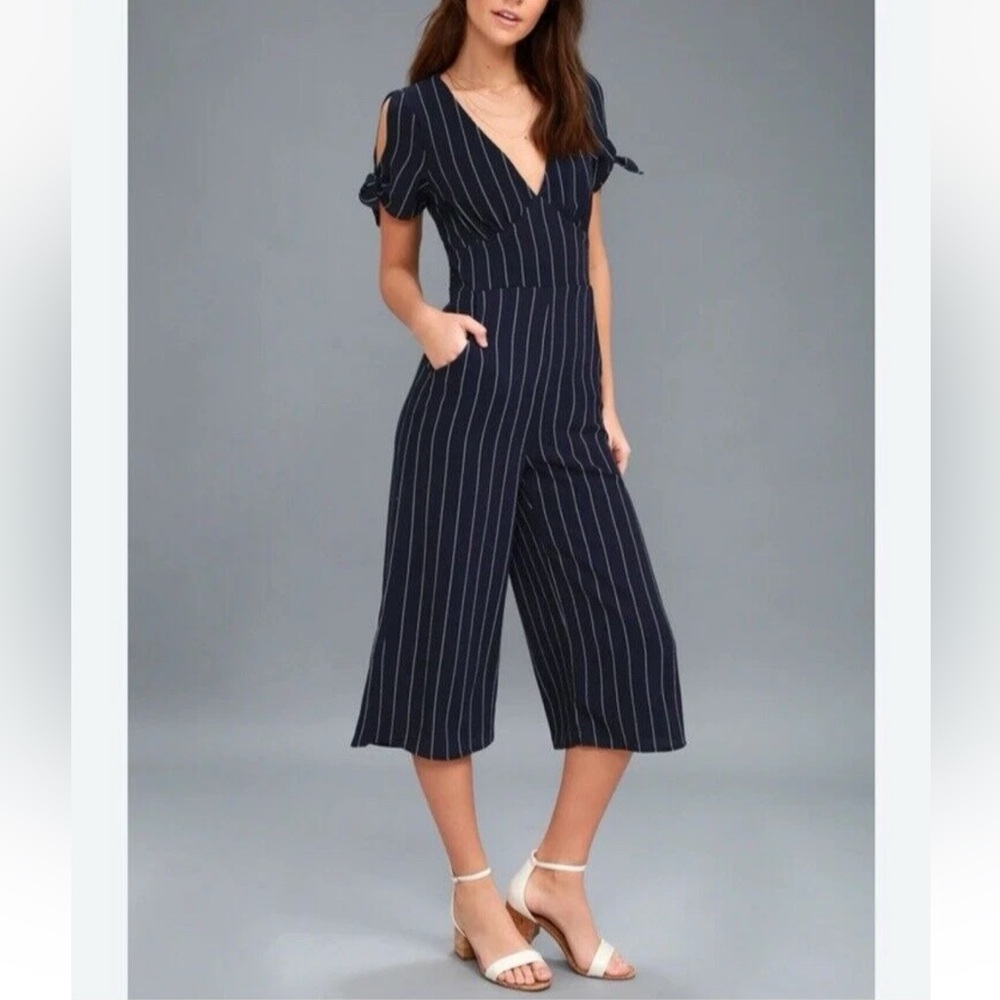 Lulu's Pacific Coast Navy Blue Striped Culotte Jumpsuit Size Small